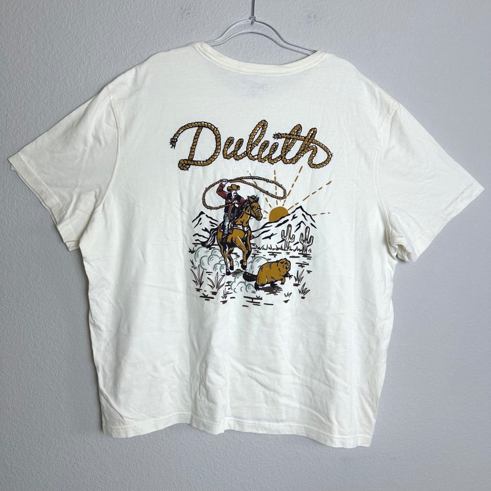 Duluth Trading Co Mens 2XL Off-White Cowboy Beaver Graphic Un-Longtail T-Shirt